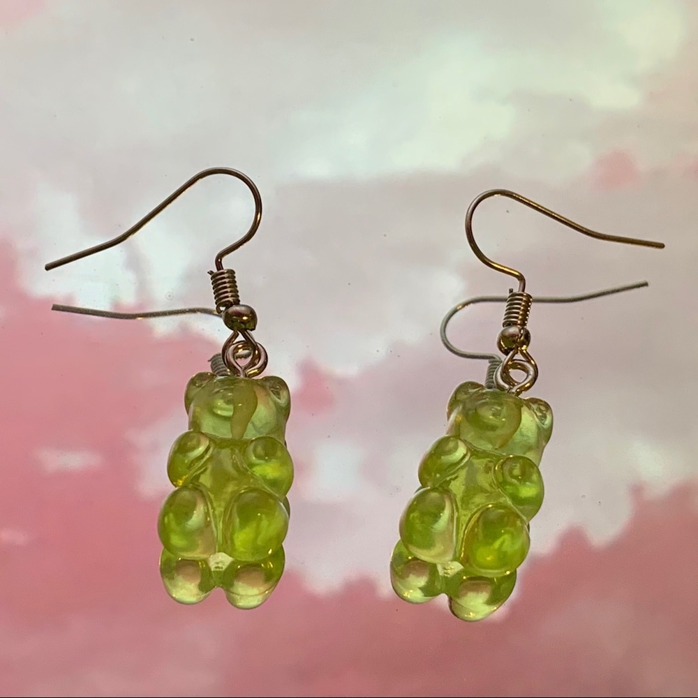 Handmade green gummy bear earrings
